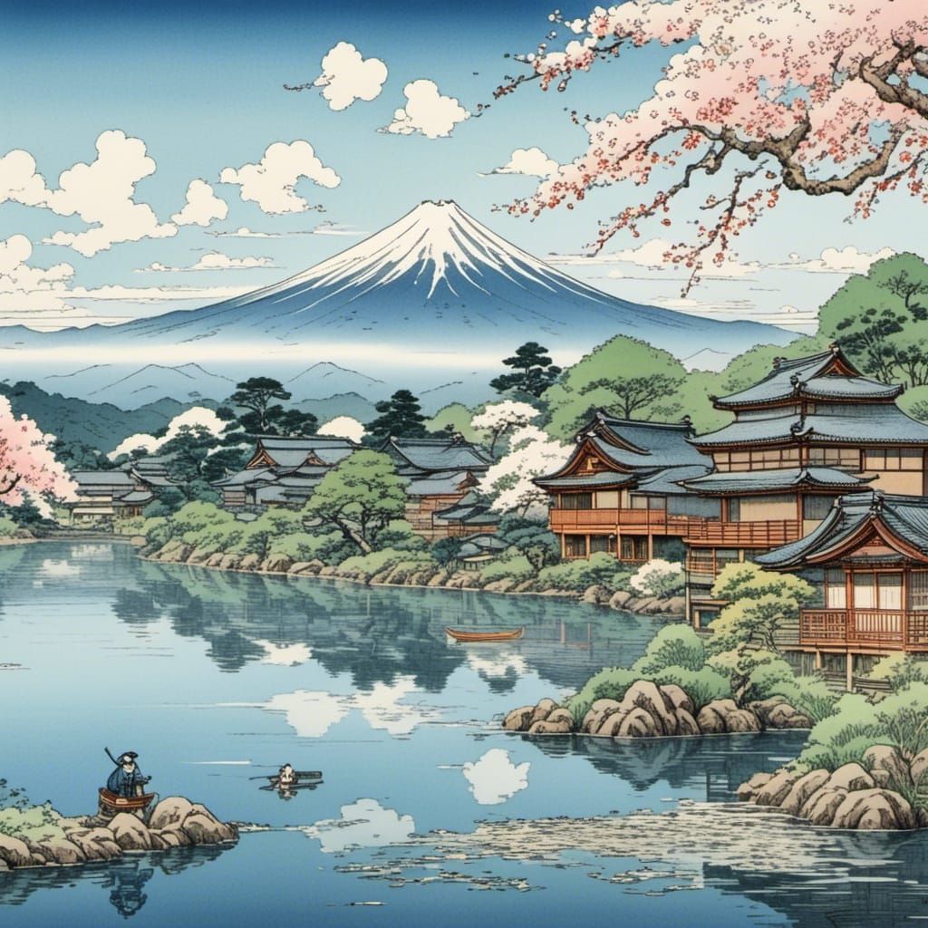 Picturesque Japanese Landscape with Mount Fuji