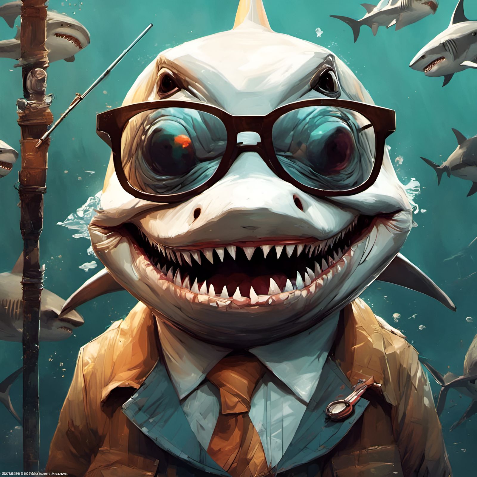 Grumpy Shark Grandpa in Maximalist 3D Style