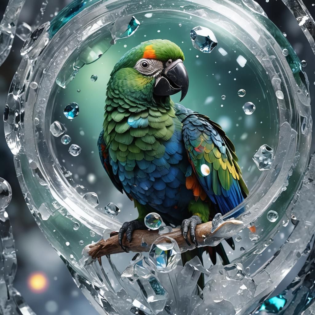 Parrot Encased in Frozen Bubble: Fantasy Art