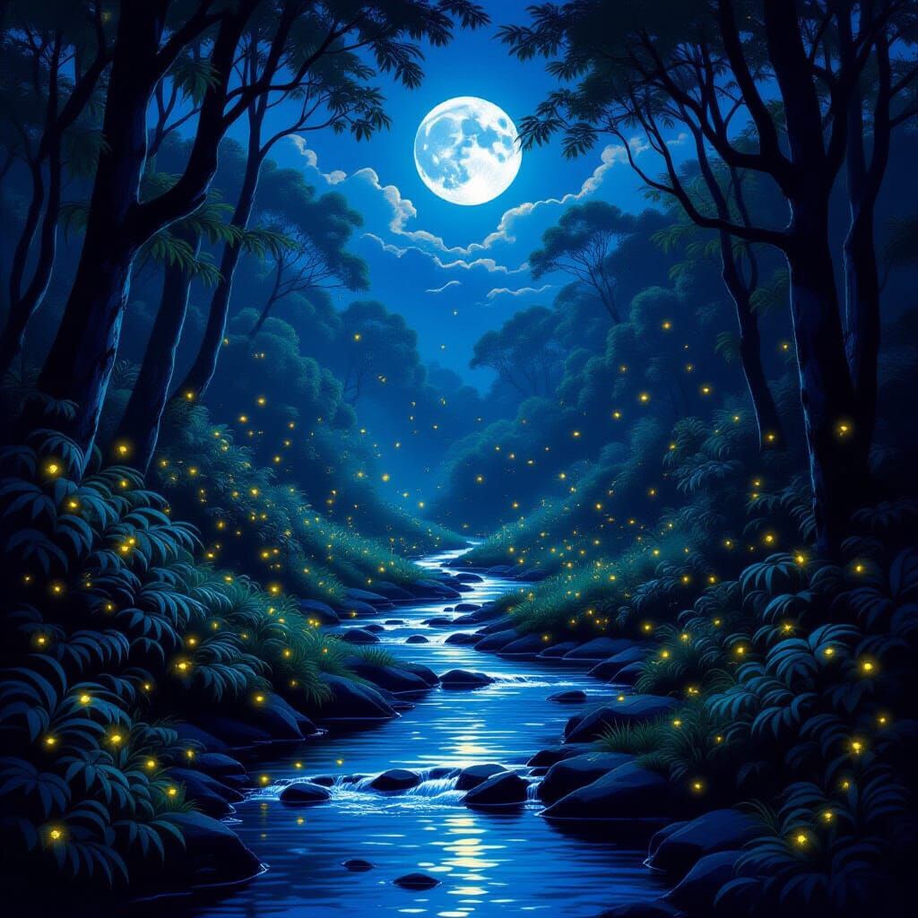 Moonlit Rainforest Nightscape with Fireflies and Creek