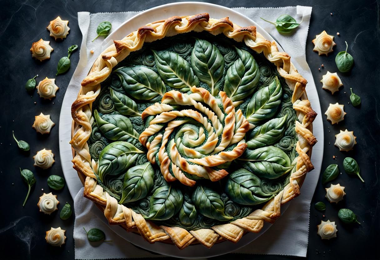 Fractal Spinach Pie: Fibonacci Pastry Food Photography