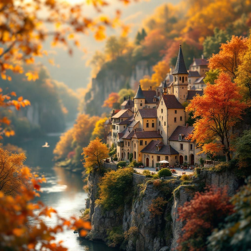 Miniature French Village on Cliff in Golden Autumn Light