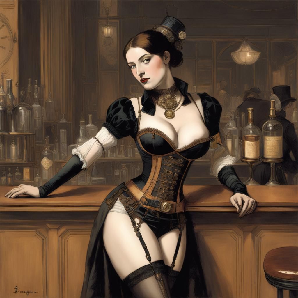 Steampunk Woman in Bar, Classical Illustration Style