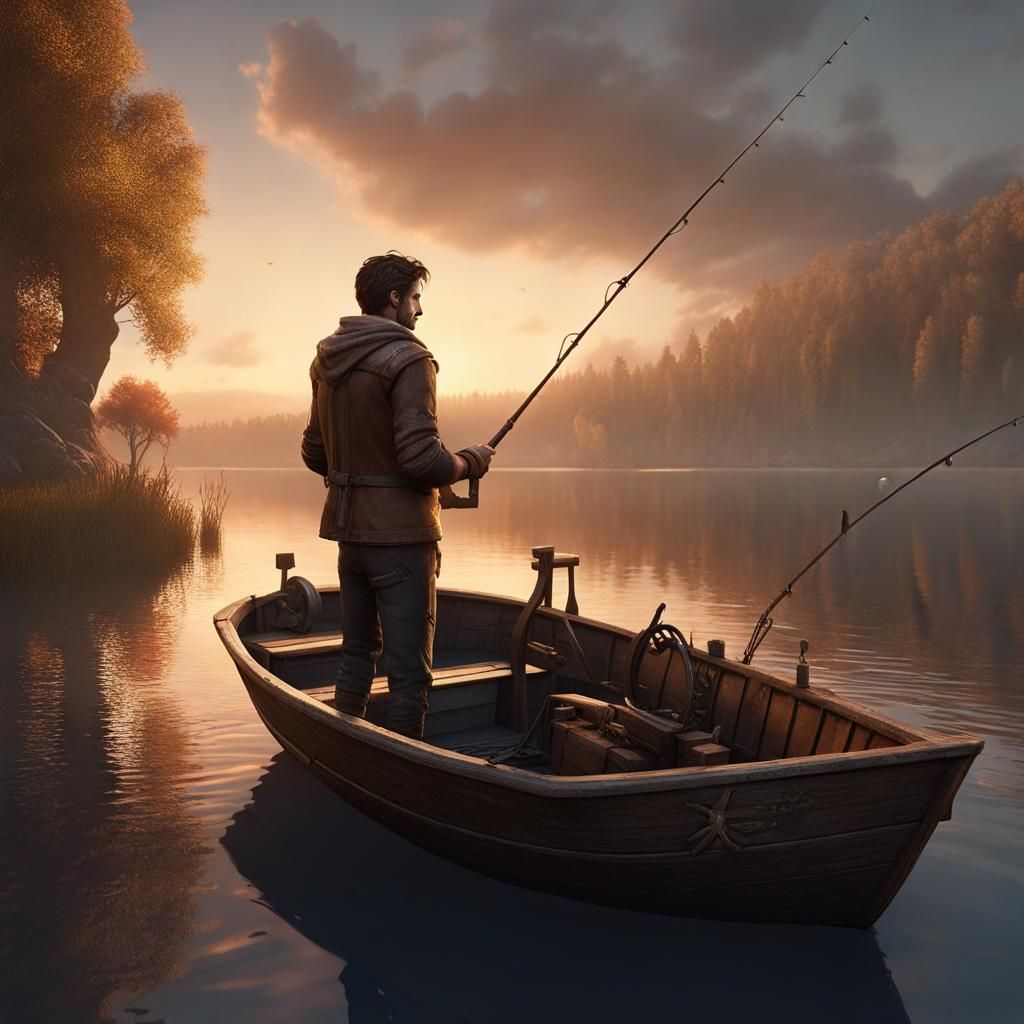 Fisherman on Lake at Sunrise: Detailed Matte Painting