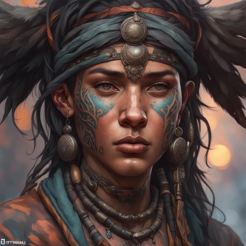 Nomad Shaman Portrait with Animal Totem, Detailed Art