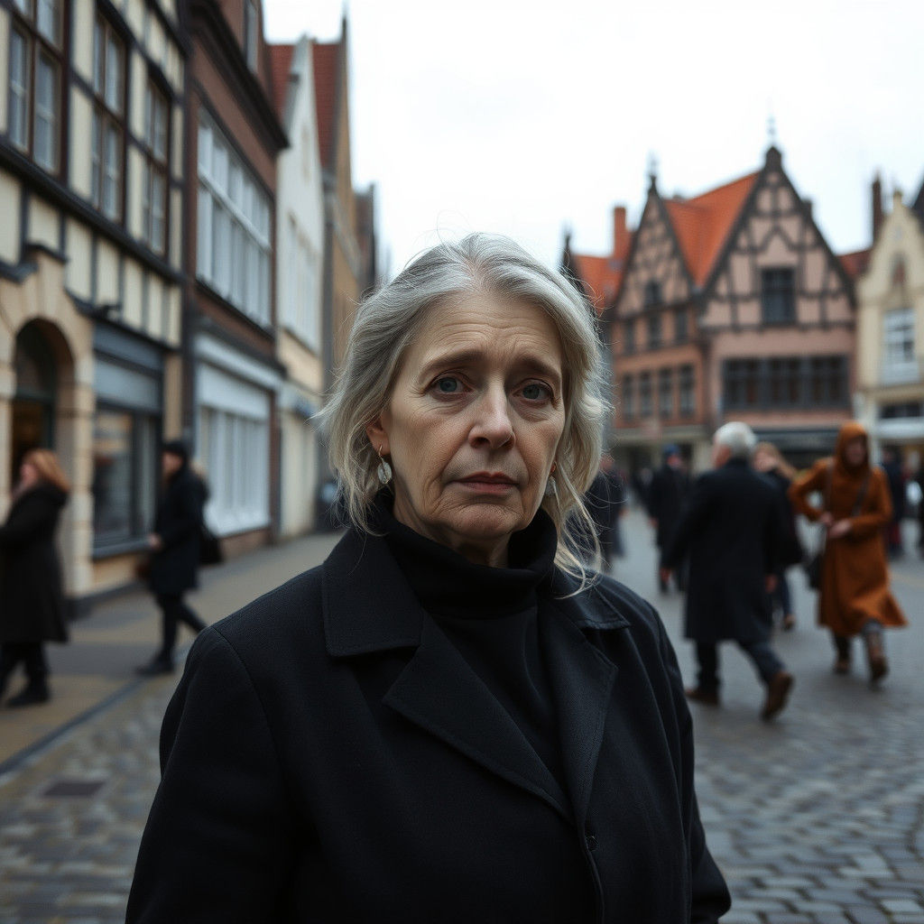 Mourning Woman on Cobbled Belgian Square
