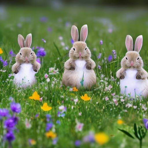 Flower Meadow with Adorable Bunnies