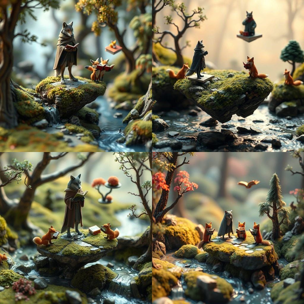 Surreal Diorama: Cloaked Wolf & Foxes Reading Levitating Boo...