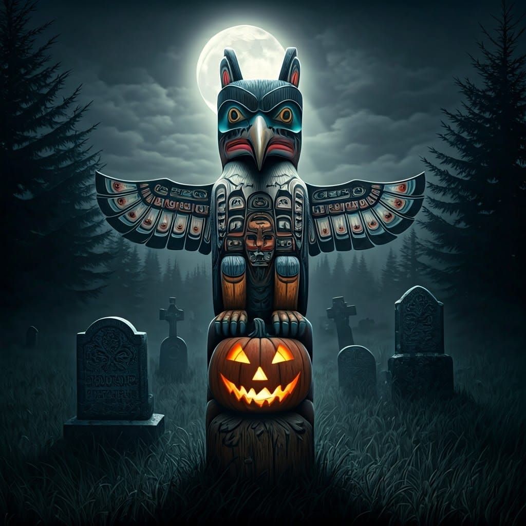 Haunting Totem Pole with Raven and Jack-o-Lantern