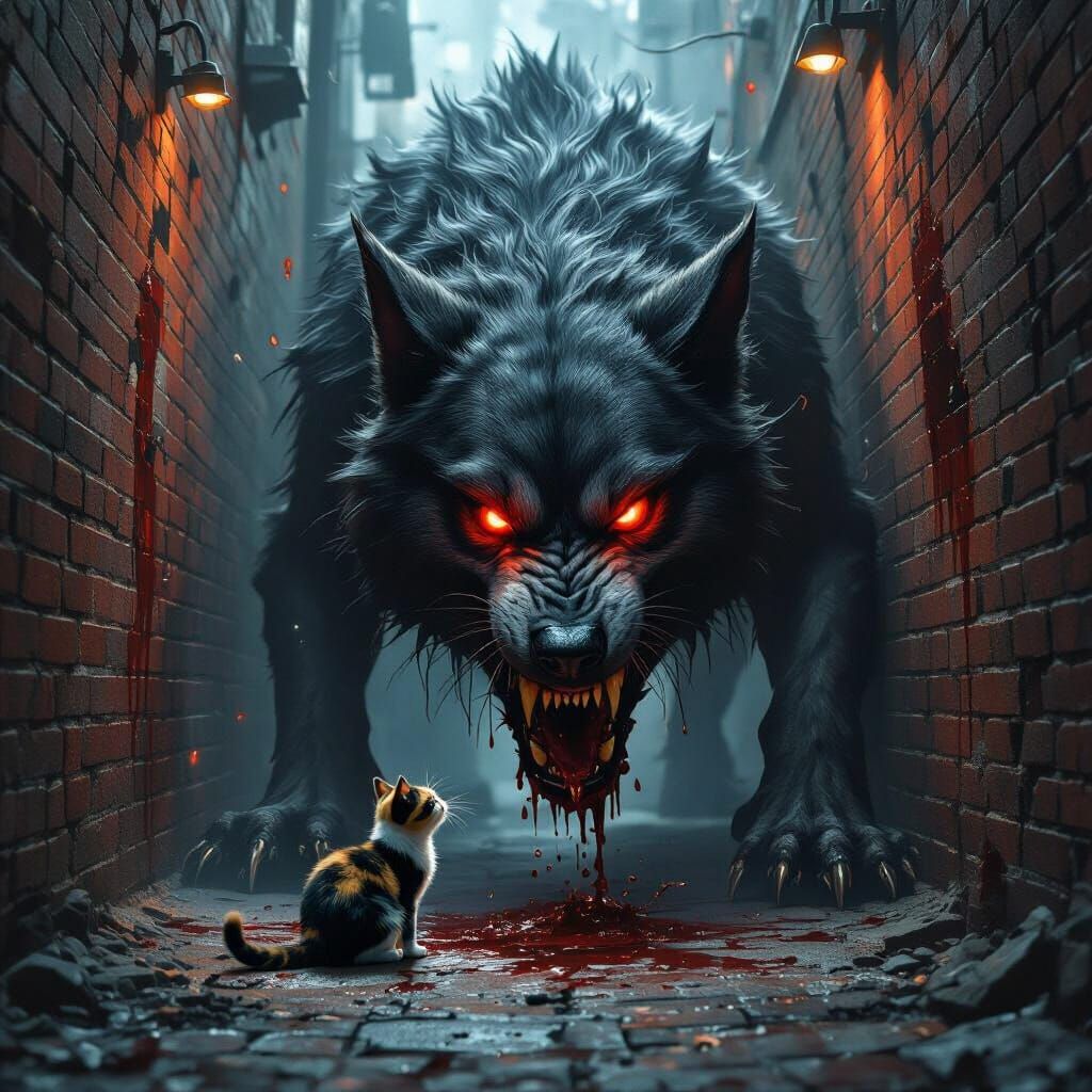 Gothic Hellhound Devours Cat in Dark Alleyway