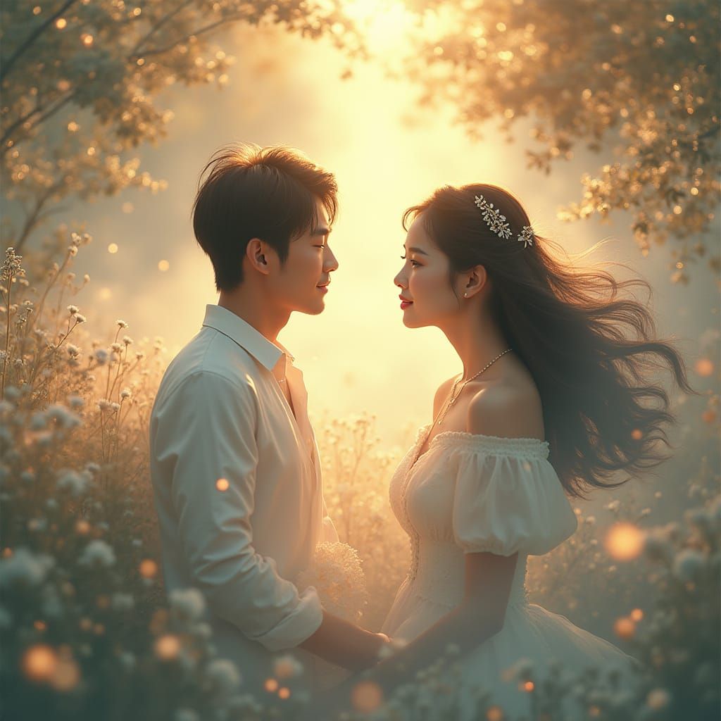 Ethereal Korean Couple in Glowing Fantasy Landscape