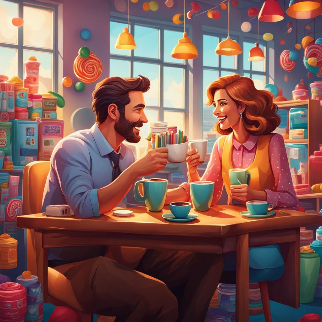 Office Scene in Candy Art Style with Coffee