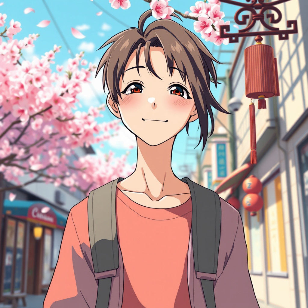Anime Girl in Sunny City with Cherry Blossoms