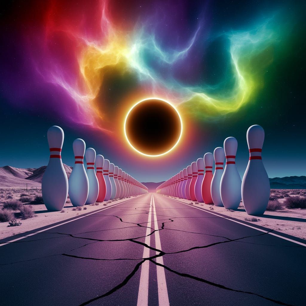 Gigantic Bowling Pins on Desert Highway Under Solar Eclipse