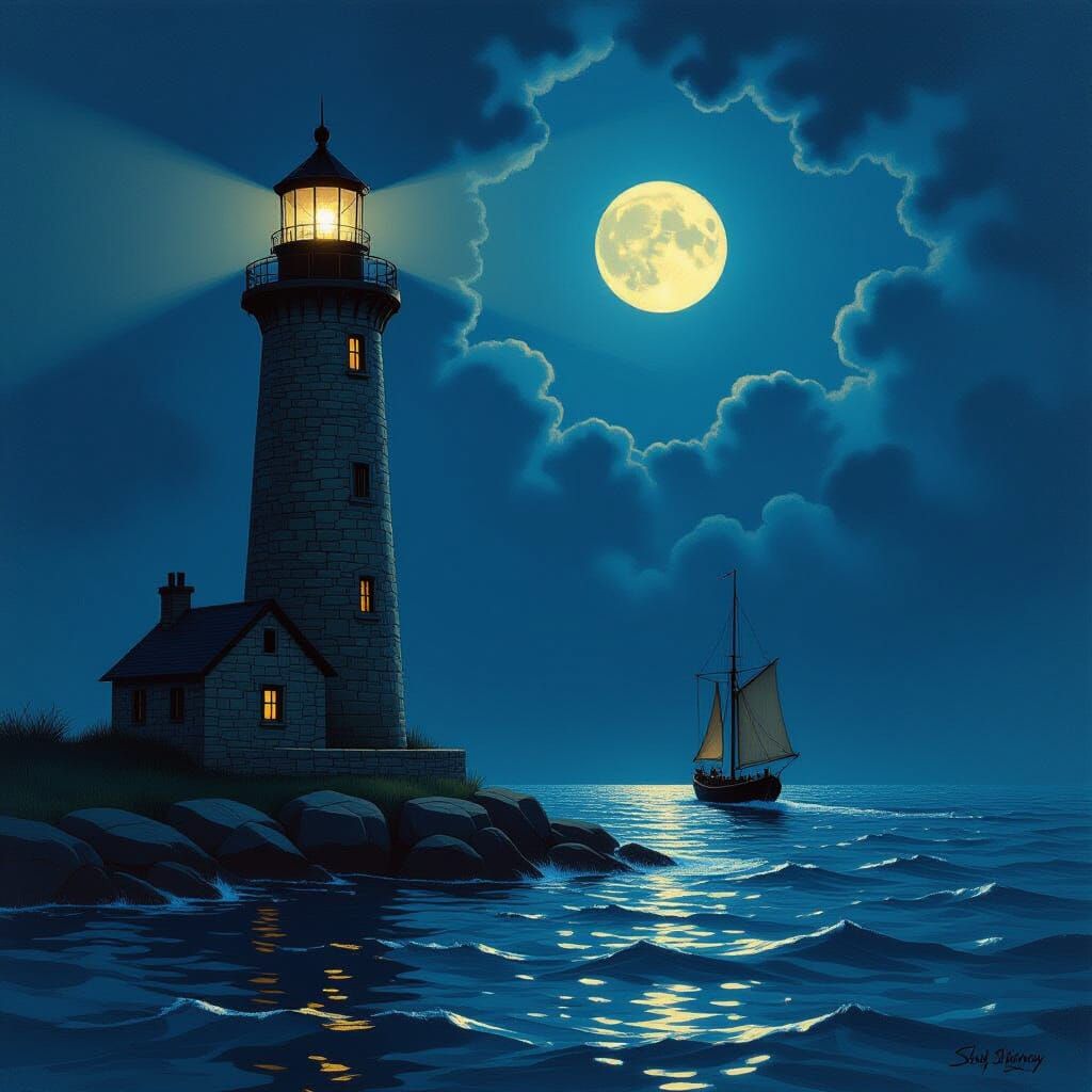 Lighthouse Guiding Ship at Night, Oil Painting