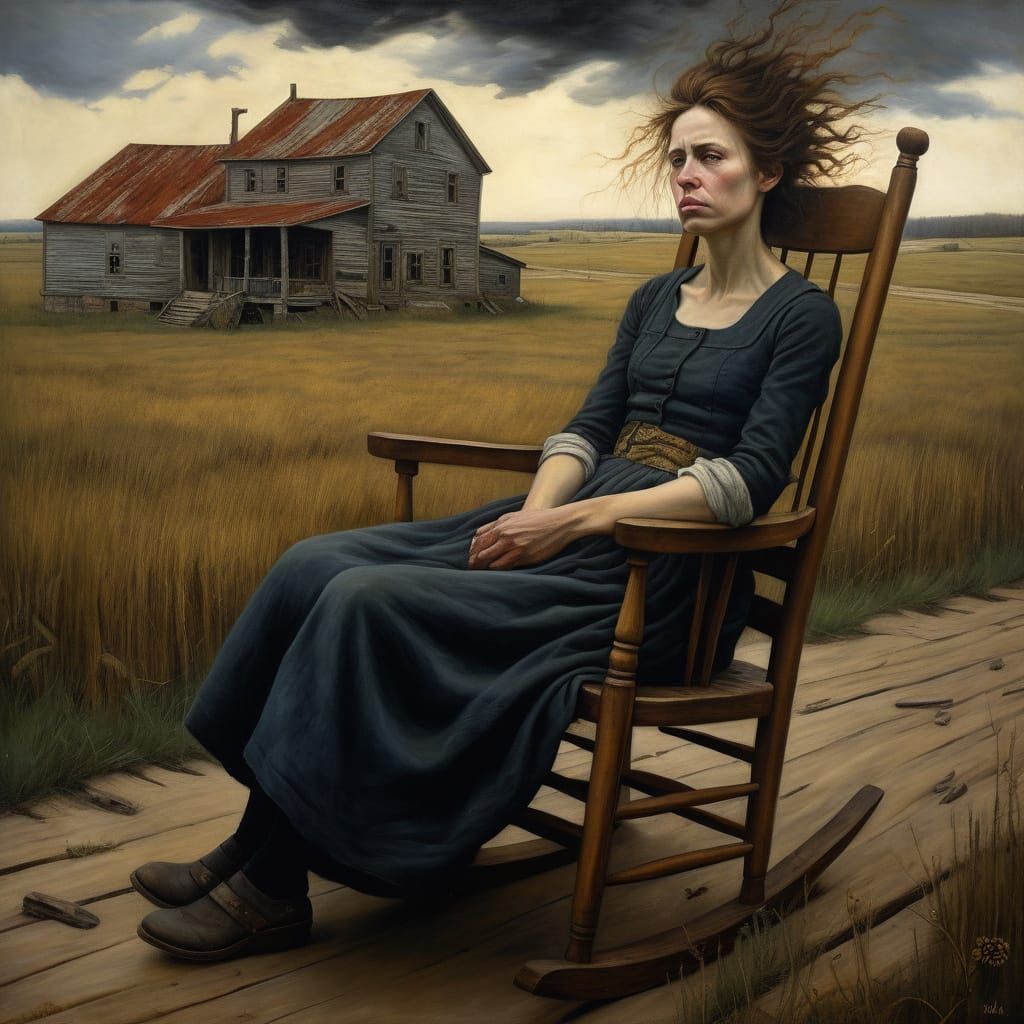 Annoyed Woman in Rocking Chair, in Oil Painting Style
