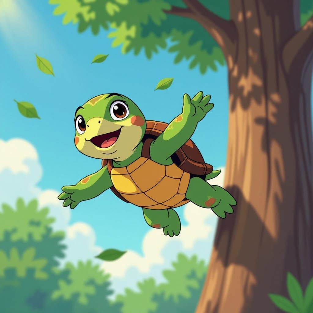 Adorable Turtle Skydiving From Tree in Whimsical Animation S...