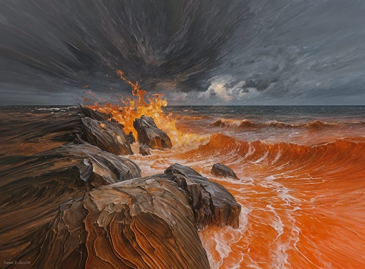 Stormy Coastline with Fire-Red Waves as Impasto Painting
