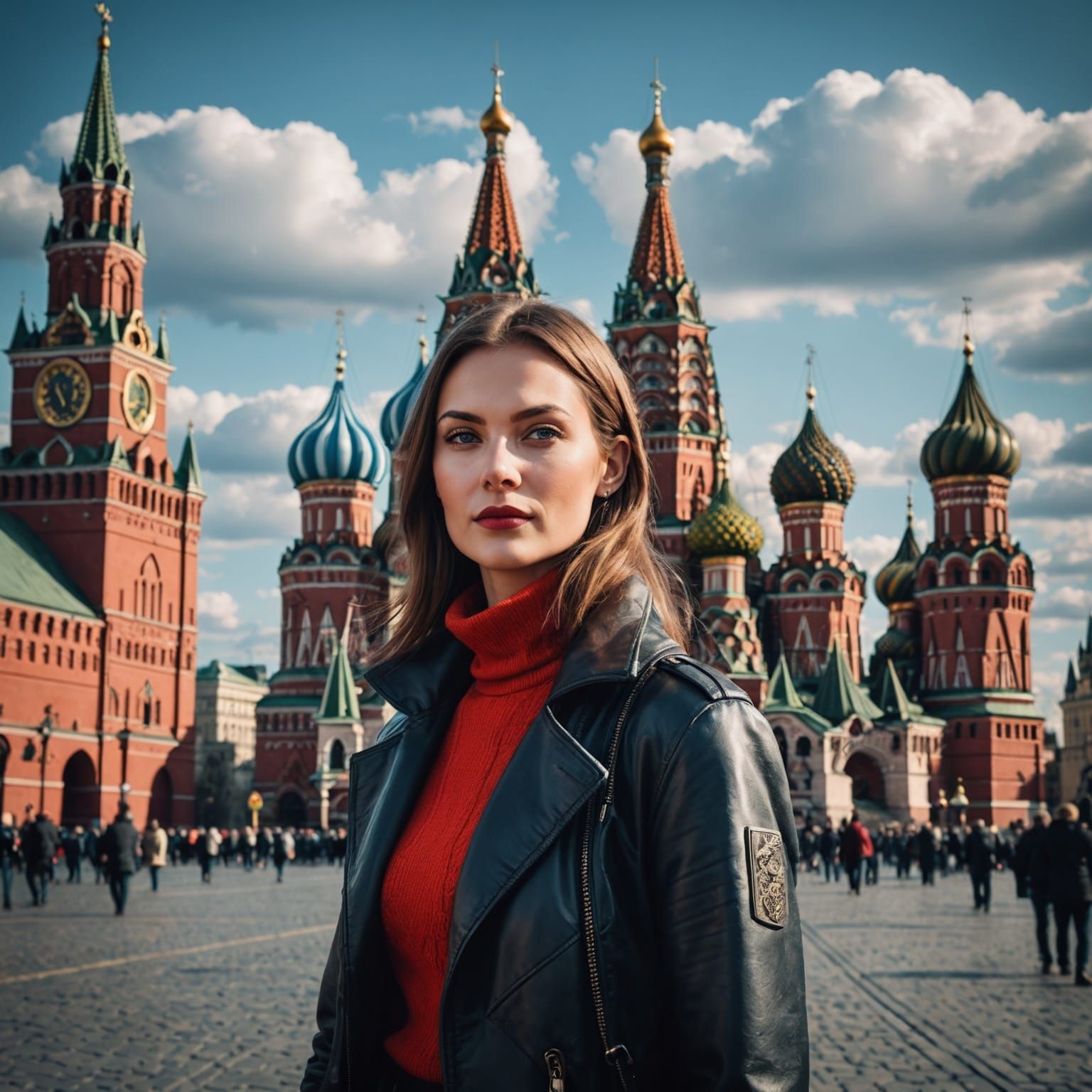 Futuristic Red Square with Slavic Woman in Moscow