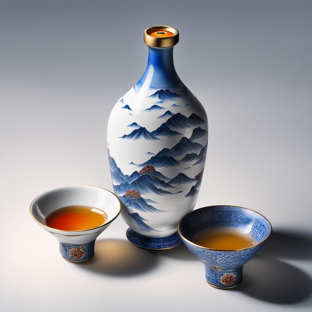 Chinese Sake Bottle and Cup on White