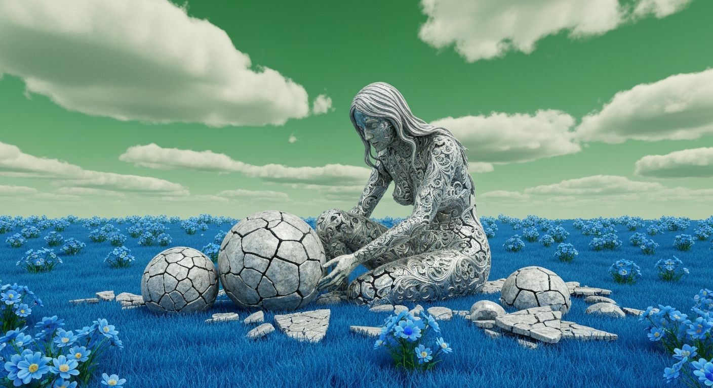 Surreal Landscape with Blue Flowers and Fragmented Sculpture