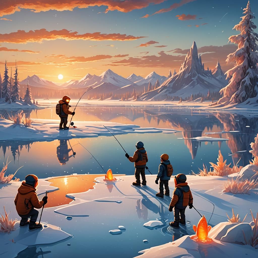 Cartoon Alien Kids Ice Fishing: Concept Art