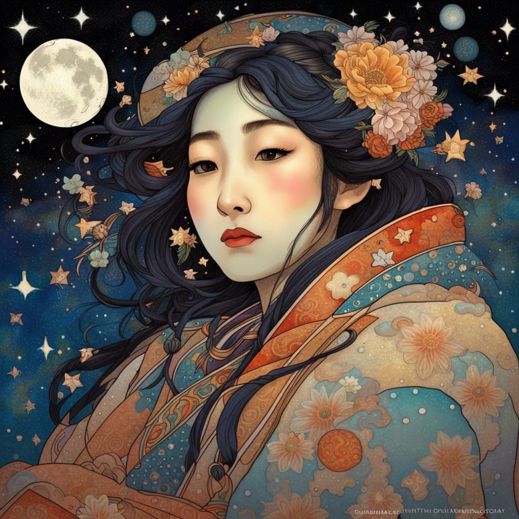 Ainu Girl in Galaxy: Japanese Woodblock Print