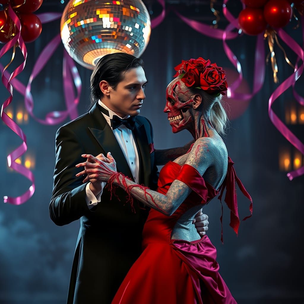 Vampire and Zombie Dance in Opulent Ballroom