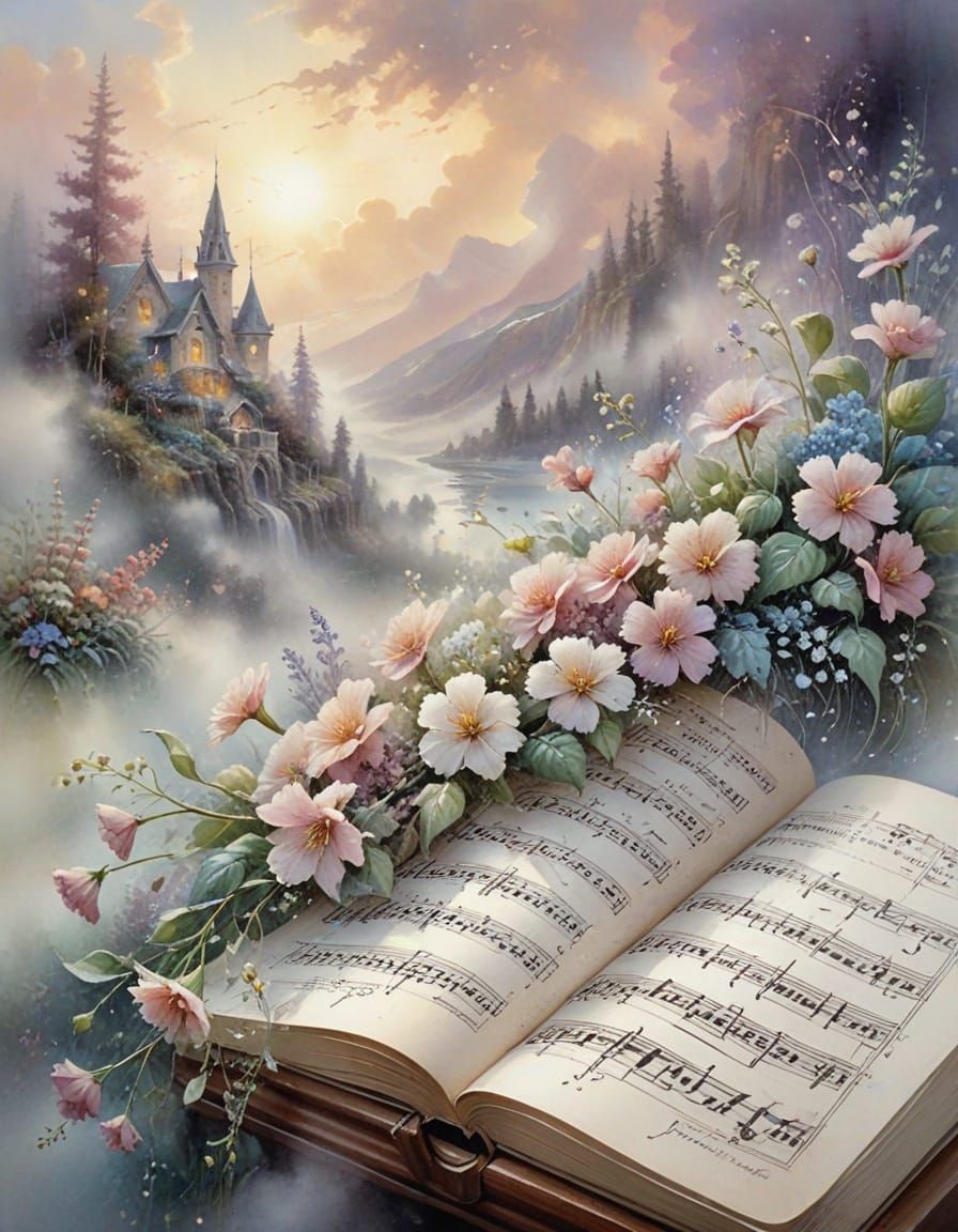 Soft Watercolour Music Sheet with Pale Flowers and Mist