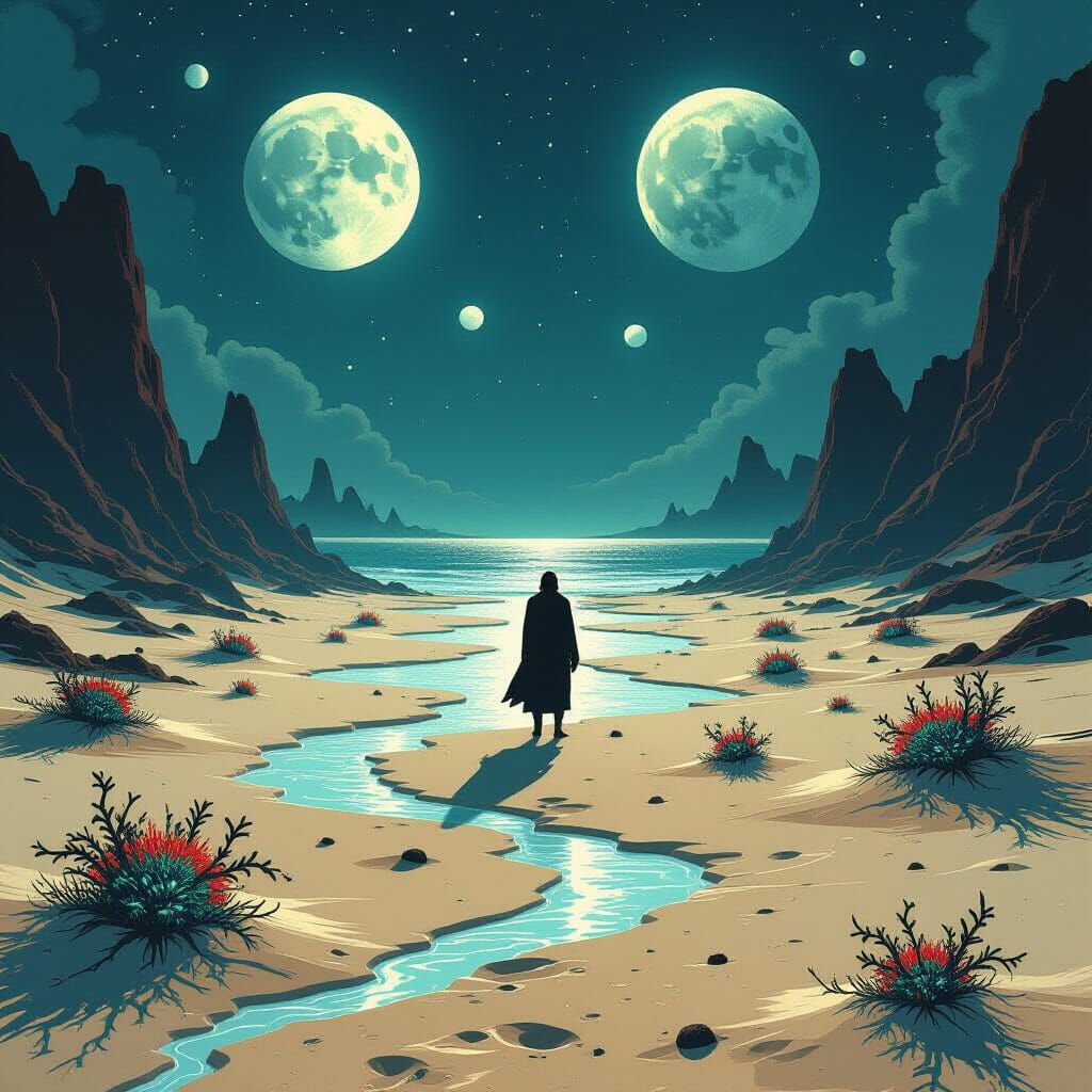 Alien Beach Under Twin Moons with Bioluminescent Flora