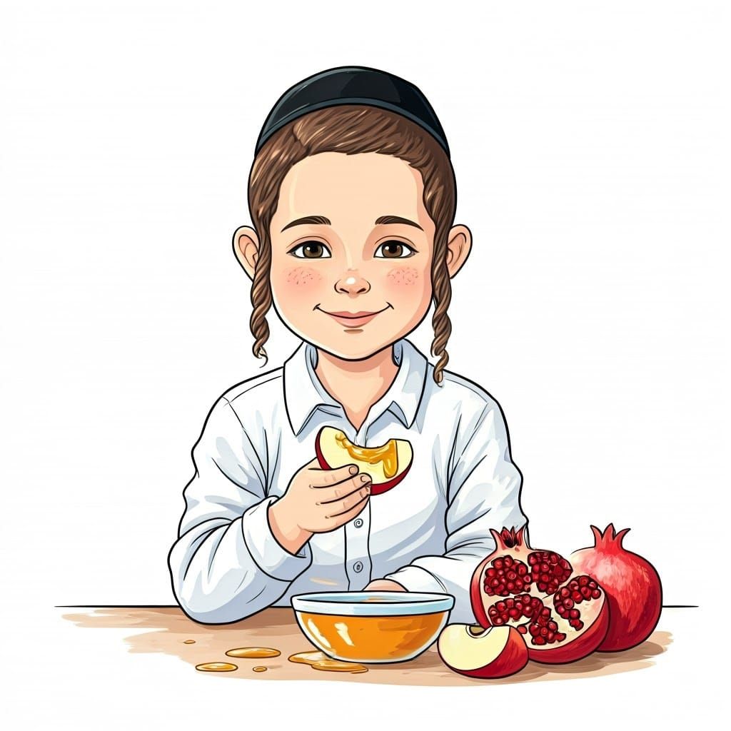 Sweet Smiling Jewish Boy Eating Honey Apple