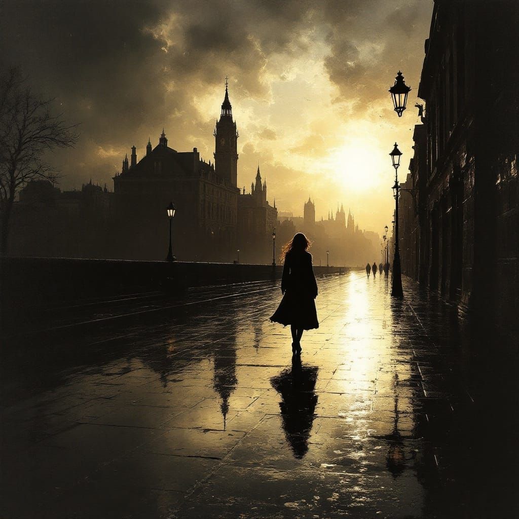 Romantic Landscape Painting with Dramatic Silhouettes