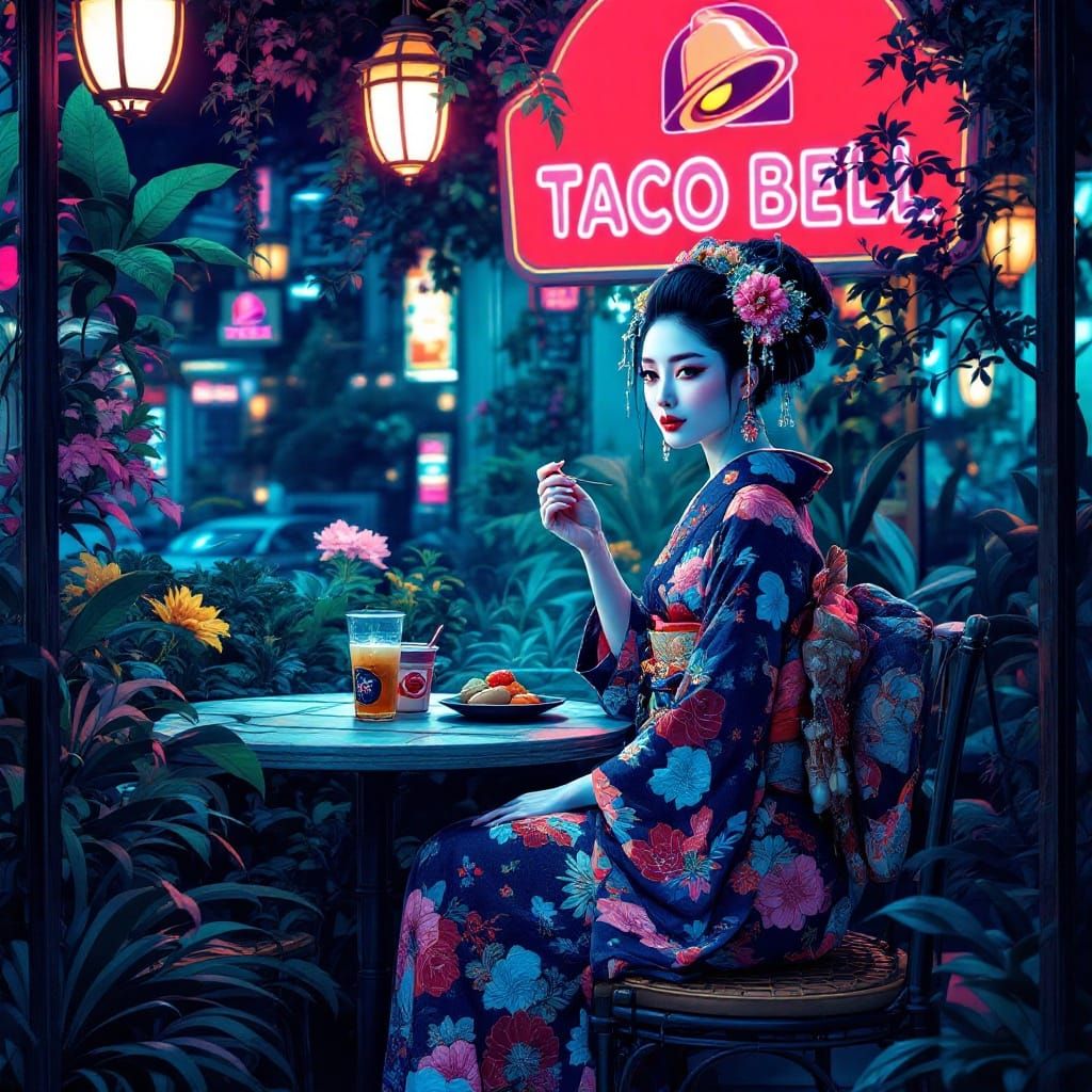 Geisha at Taco Bell: Surreal Pop Art Fusion