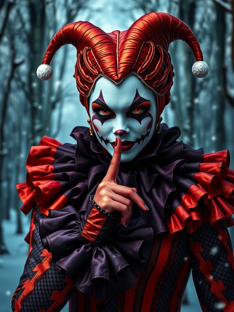 Evil Harlequin Woman in Victorian Costume with Orange Eyes