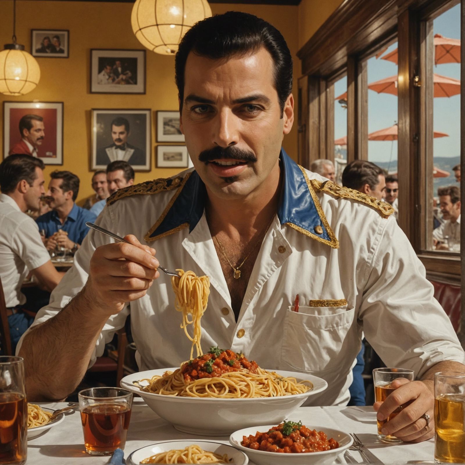 Happy Man Eating Spaghetti, Pin-Up Art Style
