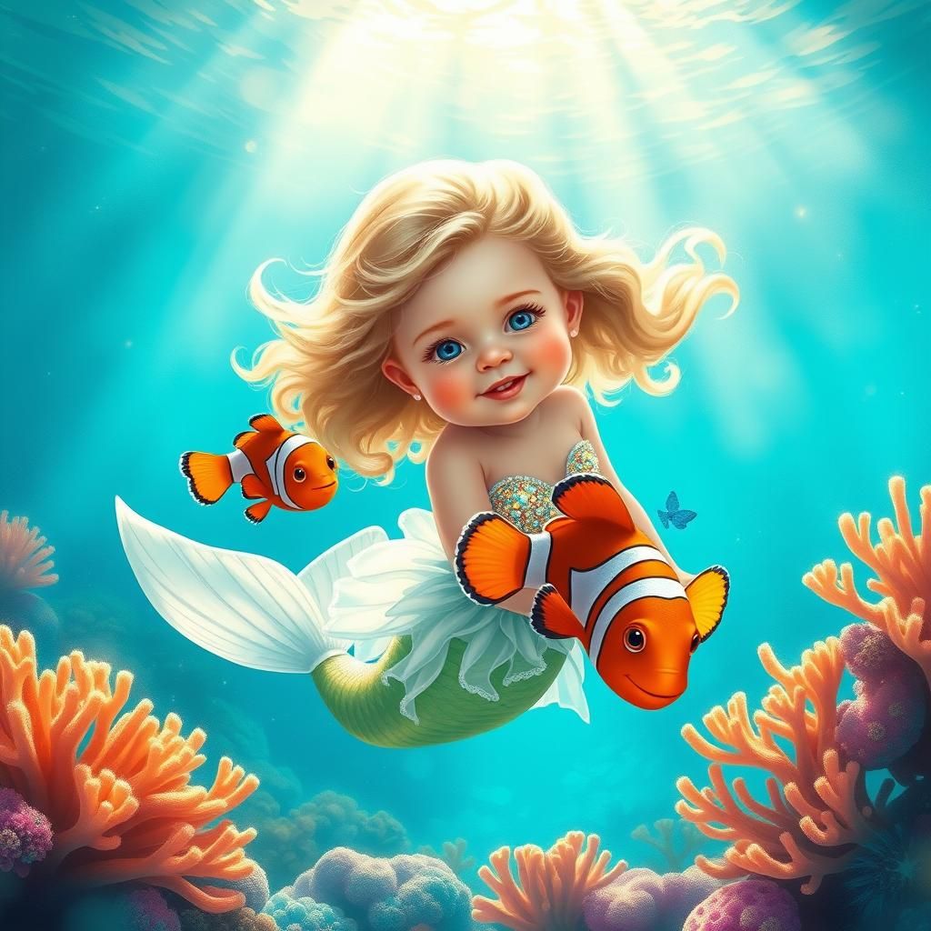 Toddler Mermaid in Coral Reef, Kinkade-Inspired Art