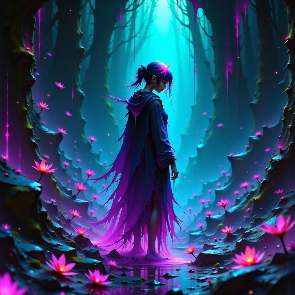 Fae Figure in Cyberpunk Scene