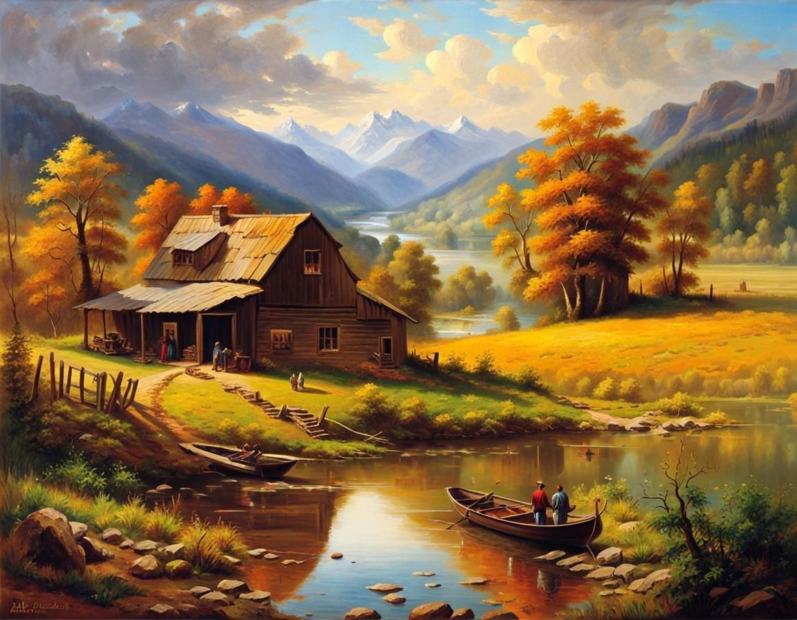 Picturesque Farm in Valley: Oil Painting