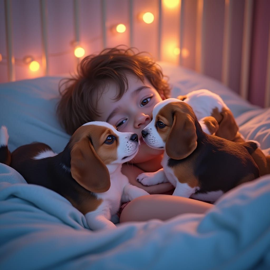 Joyful Beagle Puppies Surround a Child in a Whimsical Nurser...