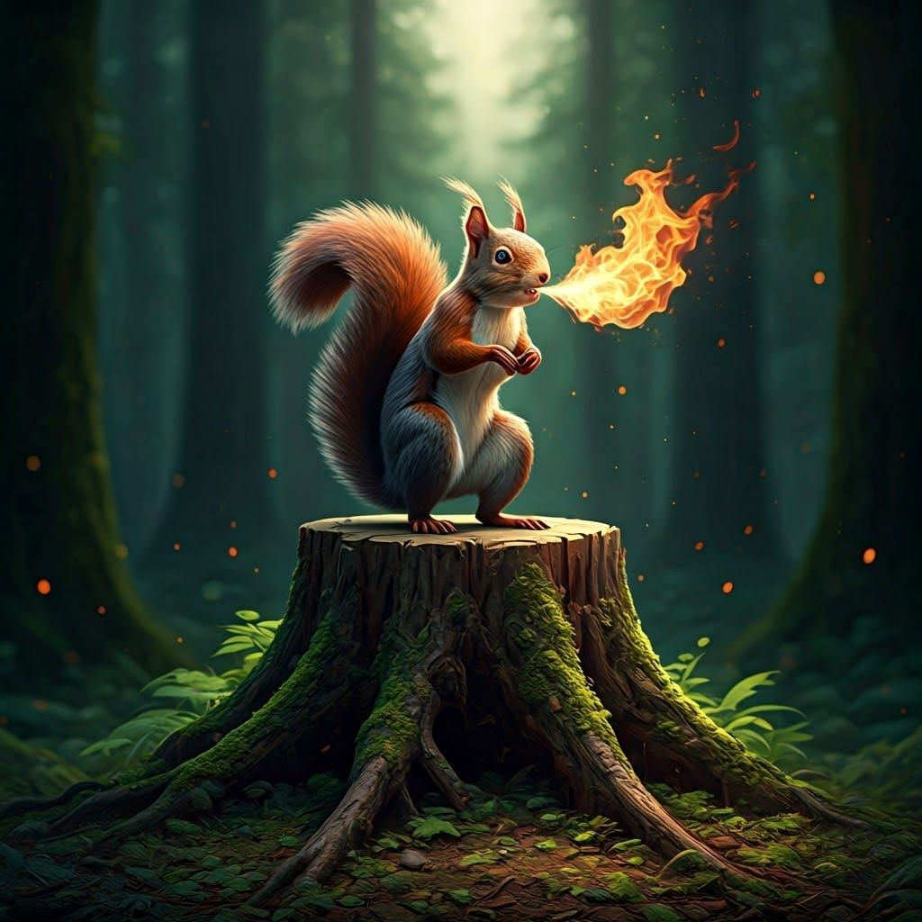 Fire-Breathing Squirrel in Lush Forest, Digital Art