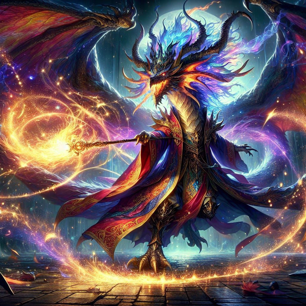 Dragon Wizard Casting Spell in Enchanted Forest