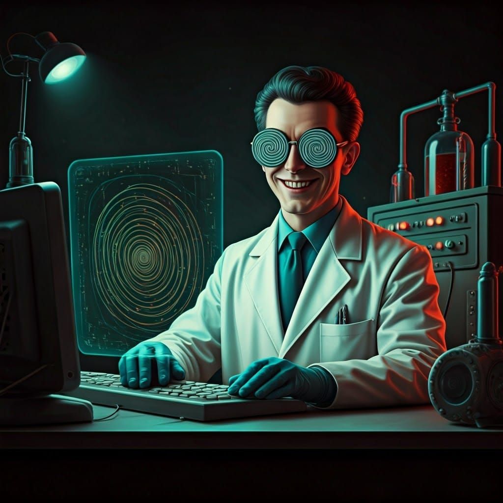 Mad Scientist Ensnared in Hypnotic Syd Mead-Inspired Vortex