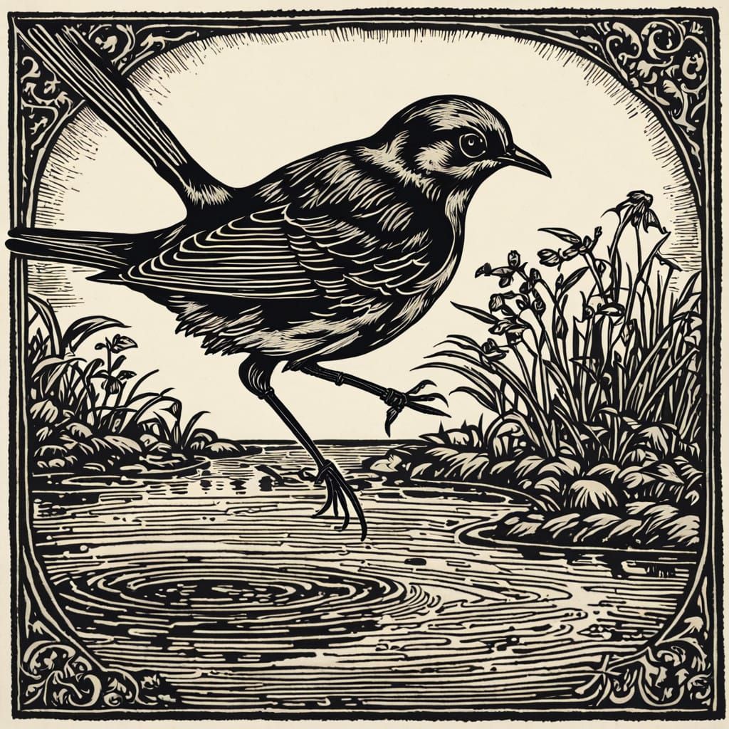 Wagtail Leaps on Icy Reflections in Woodcut Style