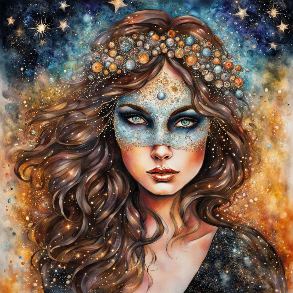 Woman in Halloween Mask, Mixed Media Watercolor Art