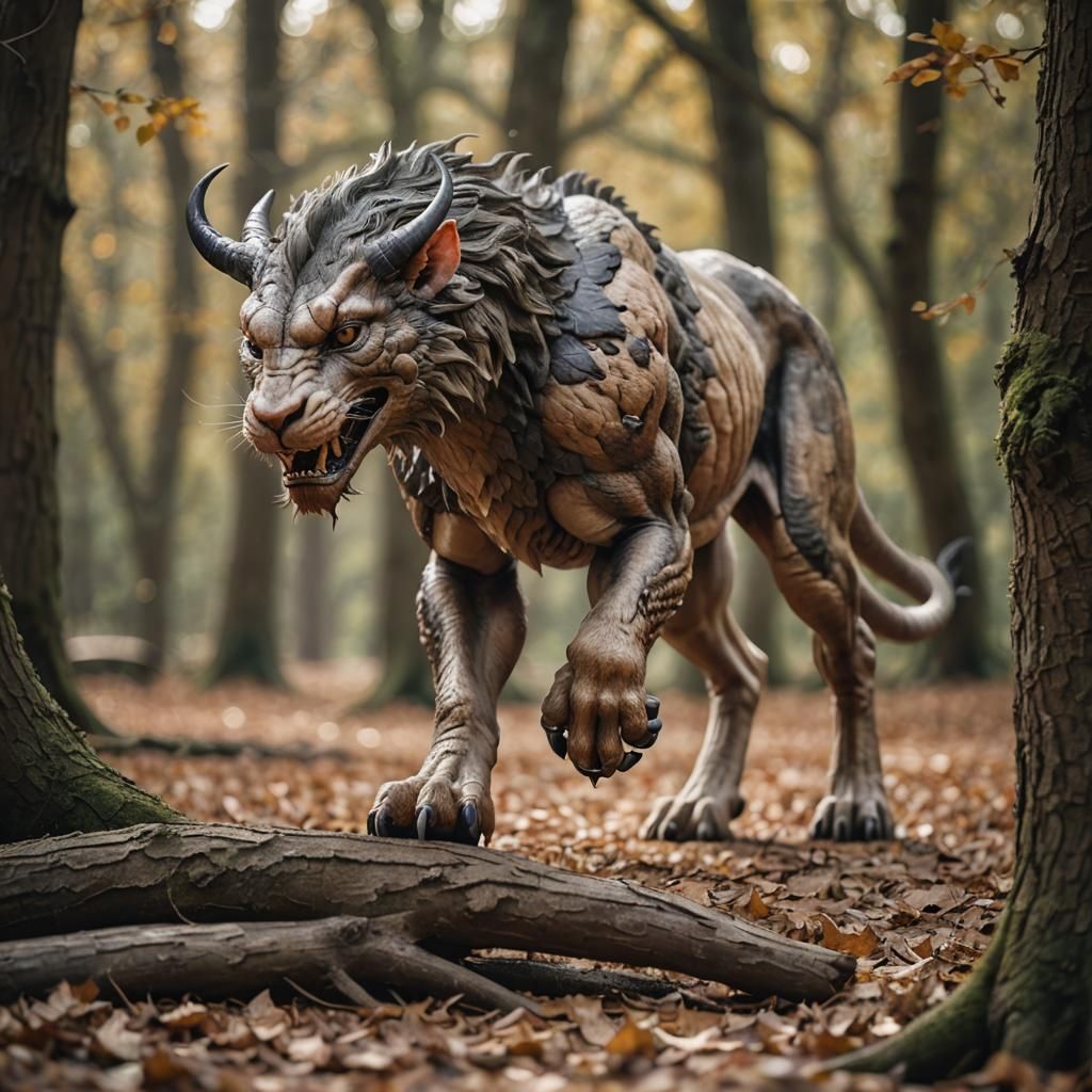 Wild Bokeh-Lit Chimera Stalking Through Oak Wood