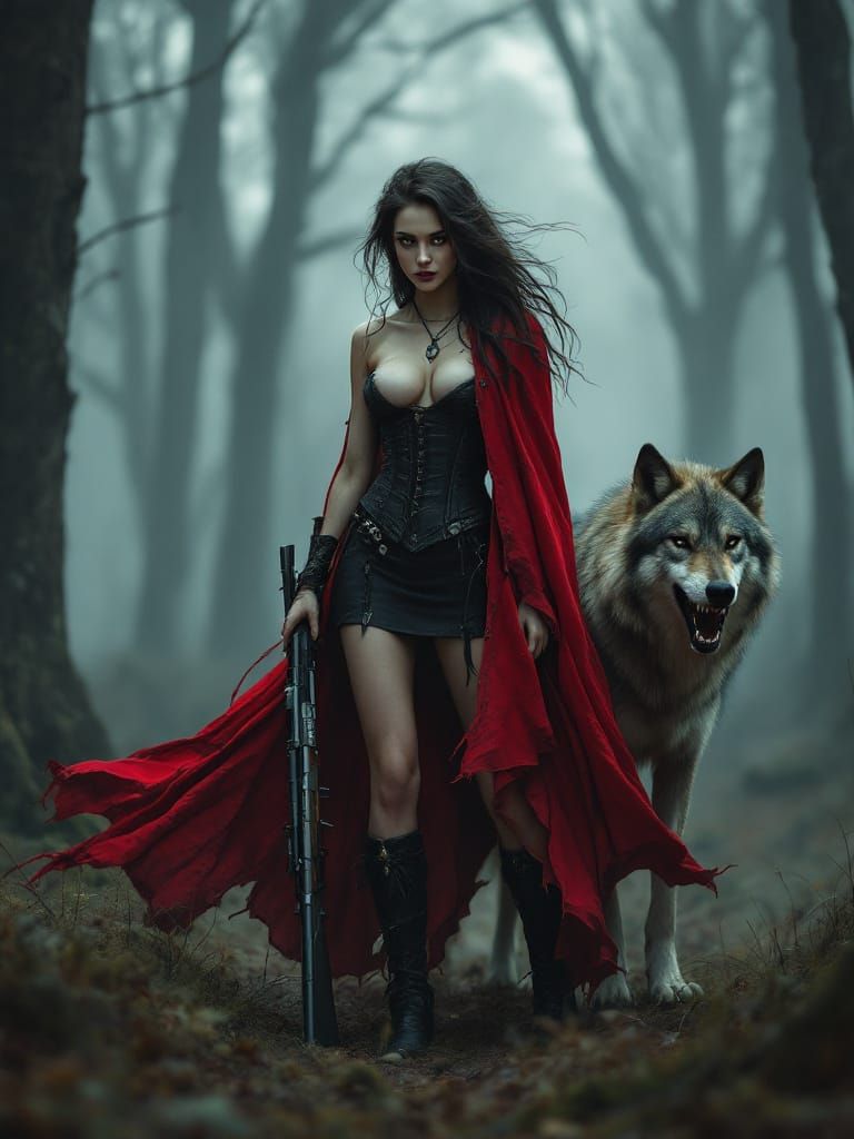 Scarlet Cloaked Warrior and Wolf in Misty Forest