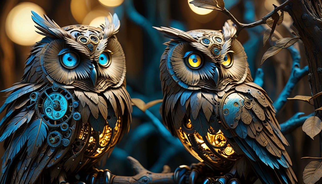 Mechanical Owl Portrait with Glowing Eyes