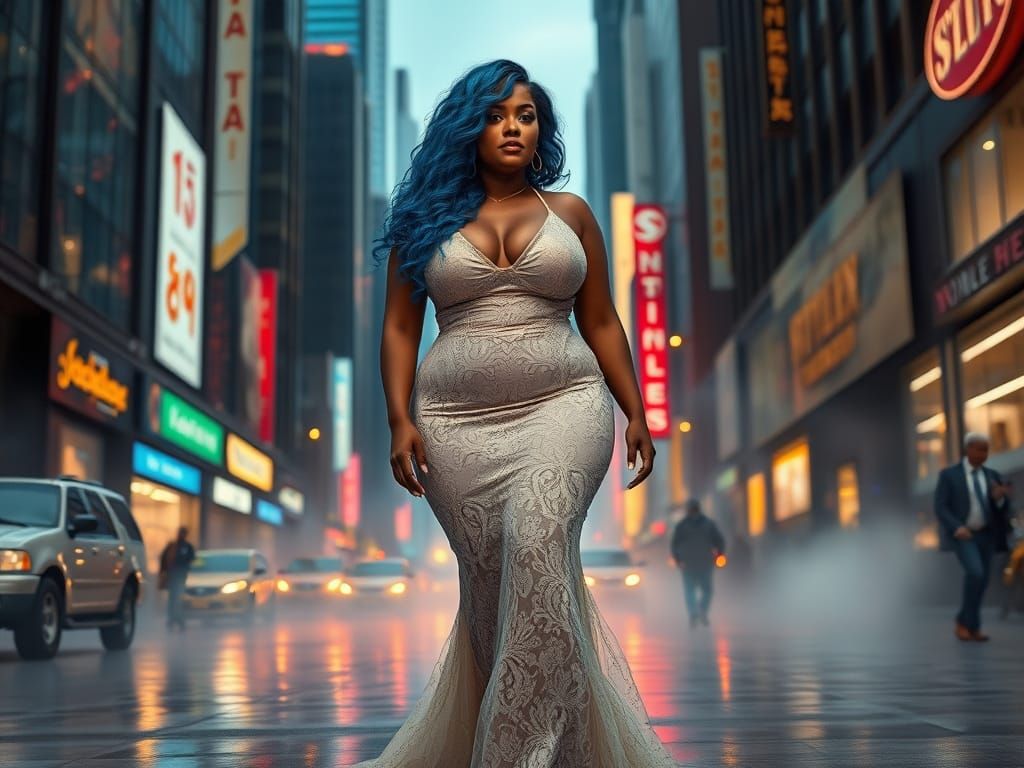 Curvy Goddess Strolls Through Neon City Nights