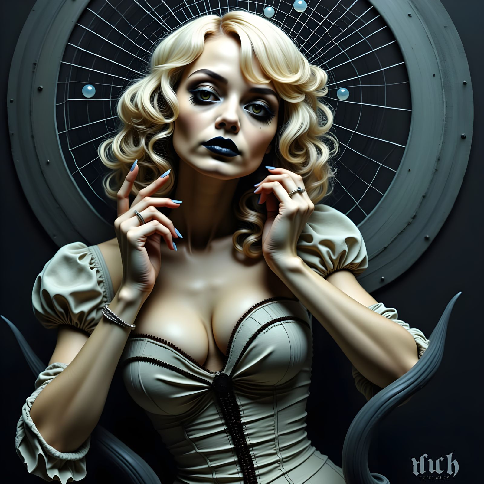 Woman in a Spiderweb Leers with Intense Black Eyes