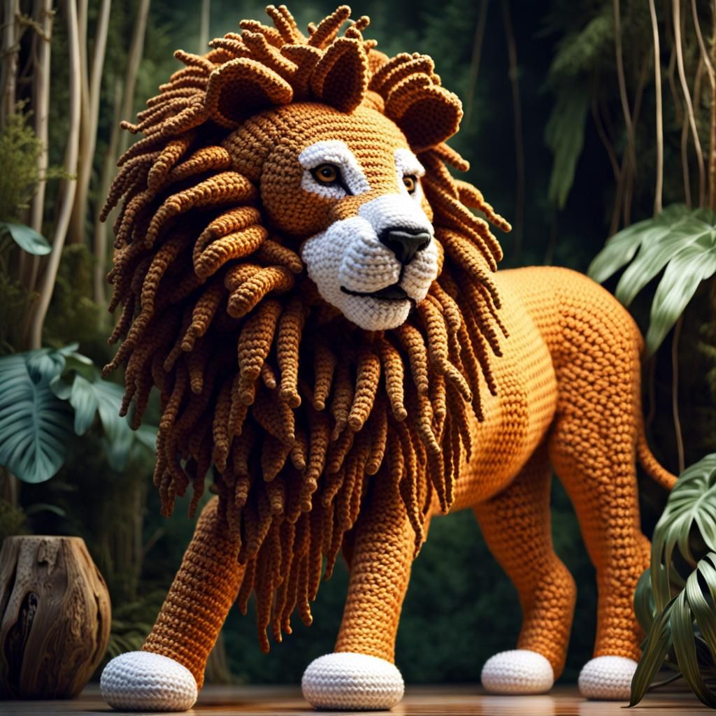 Hyperrealistic Crocheted Lion in Jungle Scene